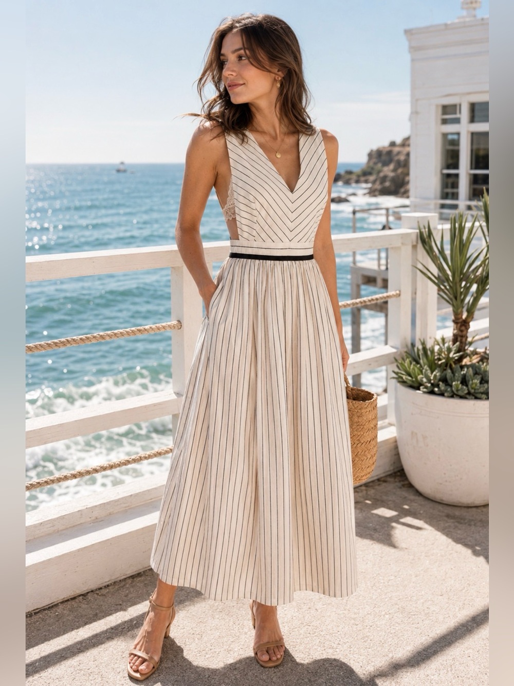 Vintage 90s Componix Nautical Striped Maxi Dress – Coastal Resort Dress